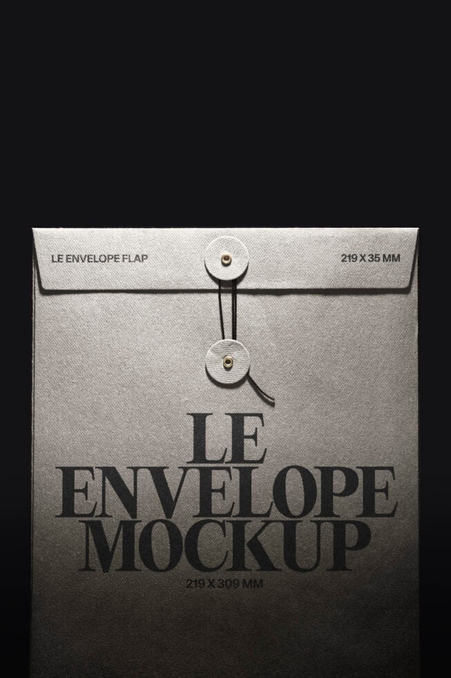 Textured envelope mockup with twine closures on dark background
