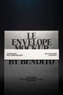 Envelope belly band mockup with textured gray paper, white label showing "Le Envelope" branding, dark background