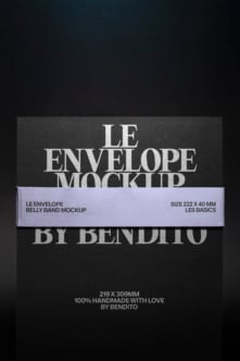 Envelope mockup with lavender belly band showing size 222 x 40mm on dark background