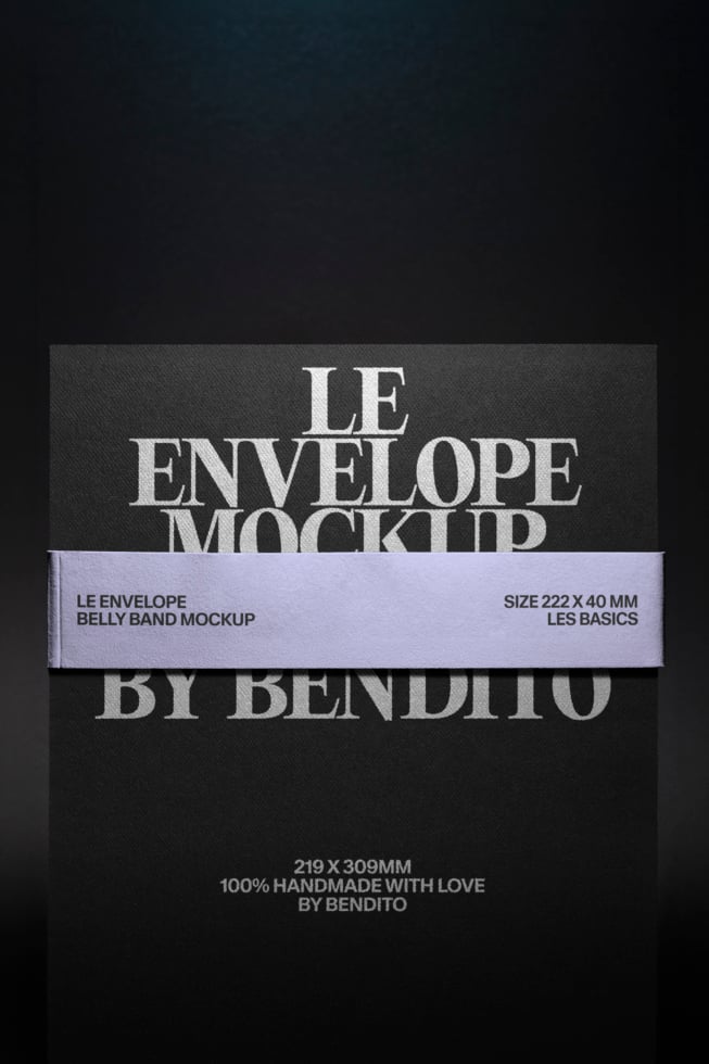 Envelope mockup with lavender belly band showing size 222 x 40mm on dark background