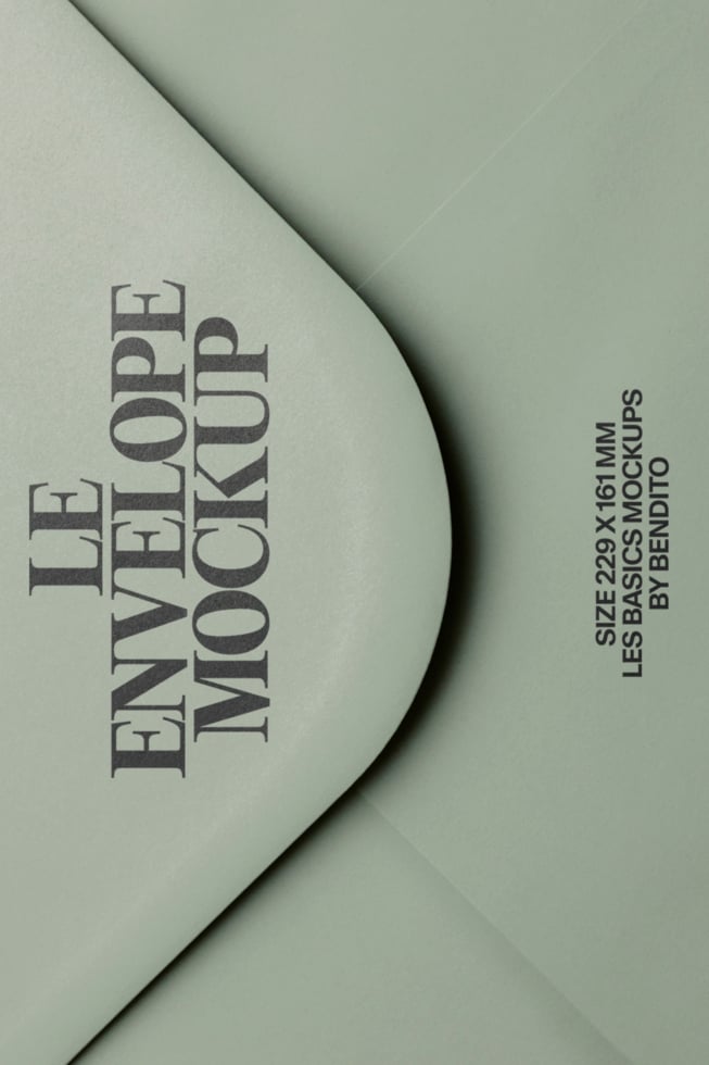 Curved envelope mockup with debossed text on sage paper, size specs visible