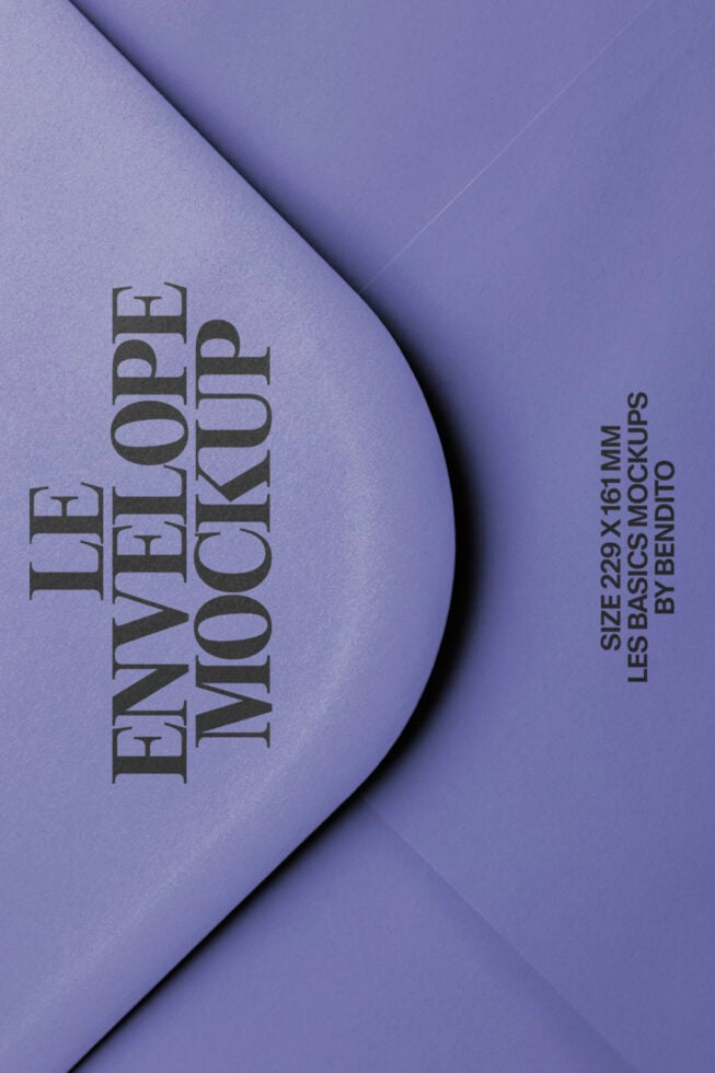 Bent envelope mockup in lavender with serif typography showing front cover design