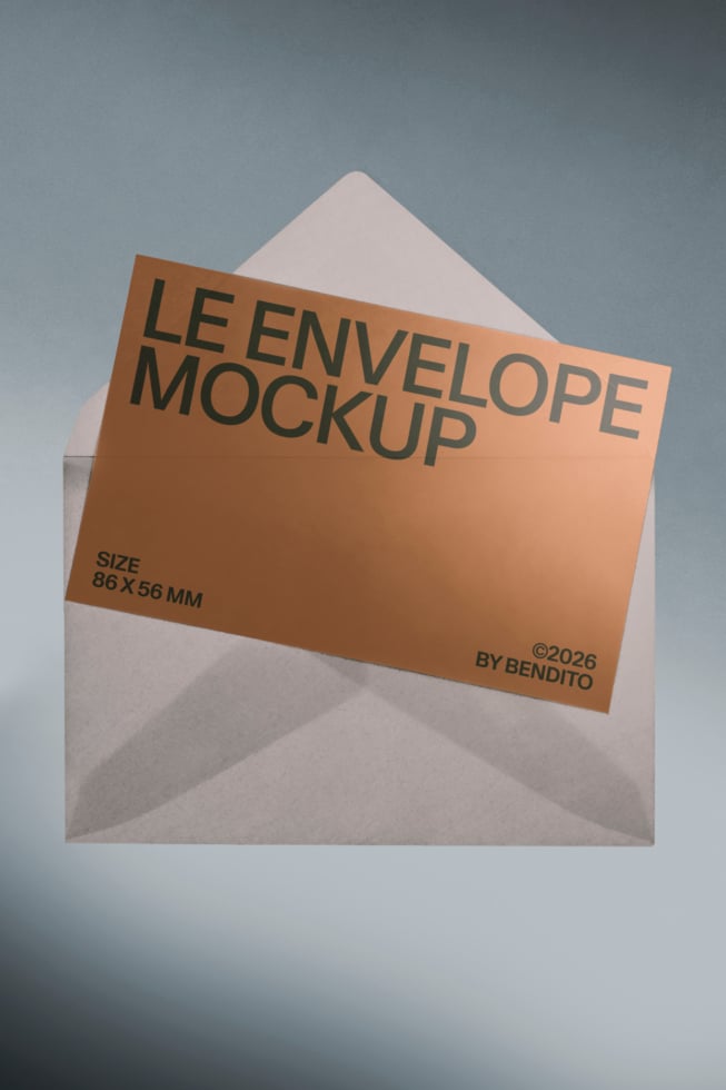 Bronze envelope mockup with card peeking out of white envelope on blue background