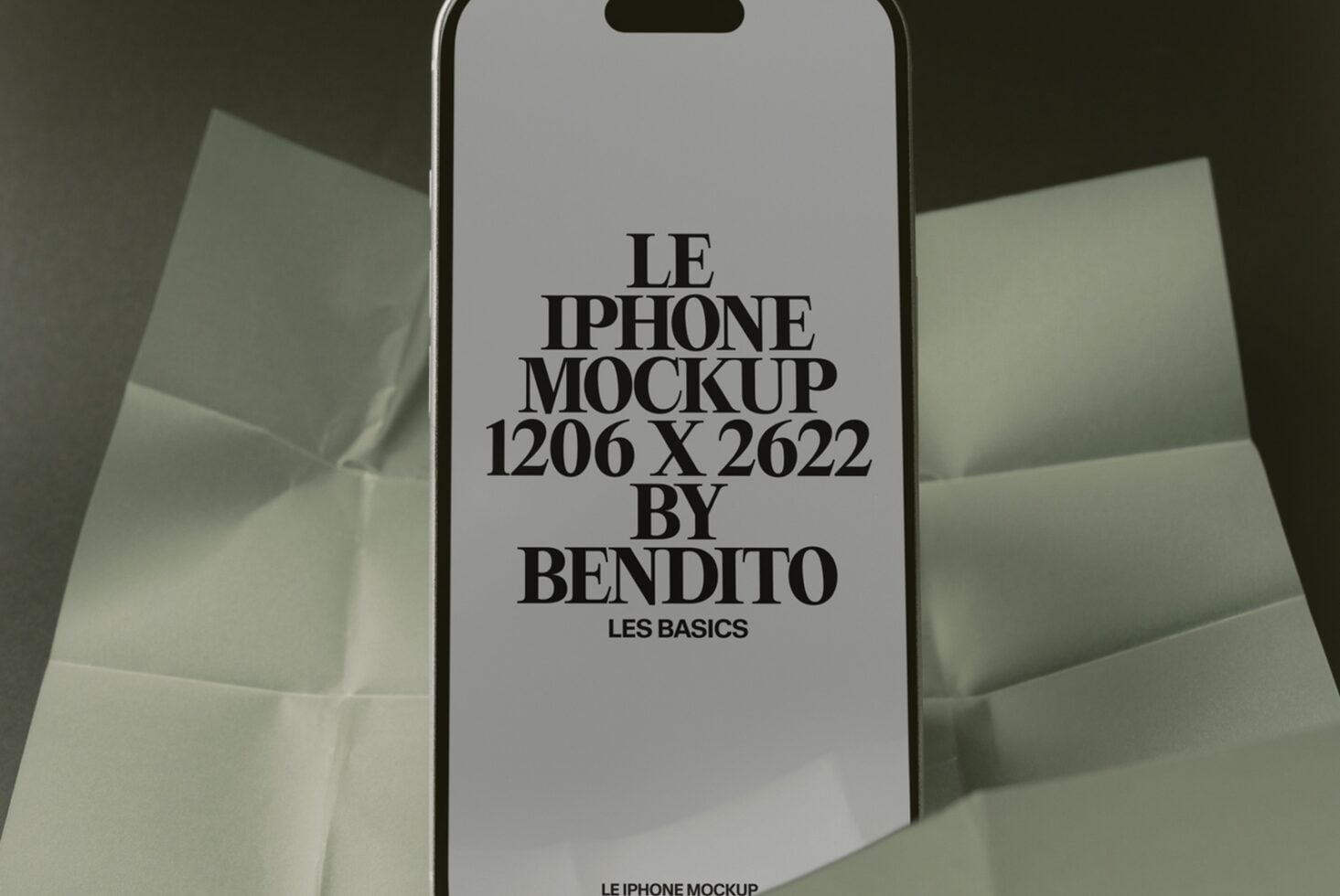 iPhone 14 Pro mockup with clean minimalist typography on sage green background setup