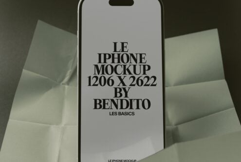 iPhone 14 Pro mockup with clean minimalist typography on sage green background setup