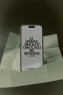 iPhone mockup 1206 x 2622 by Bendito with translucent paper elements on olive background
