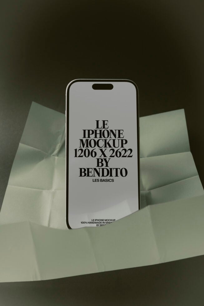 iPhone mockup 1206 x 2622 by Bendito with translucent paper elements on olive background