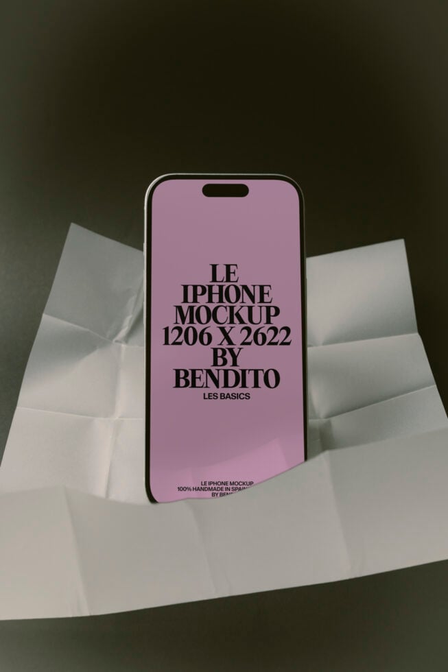 iPhone 14 Pro mockup with lavender screen on crumpled white paper, dark background
