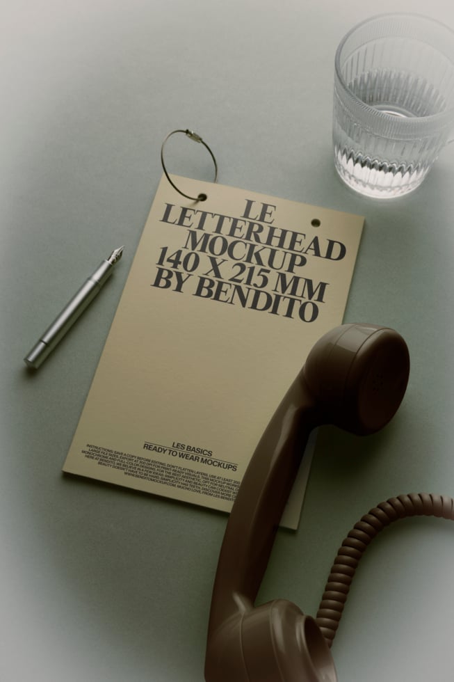 Cream letterhead mockup hanging with pen, vintage phone, textured glass on gray surface