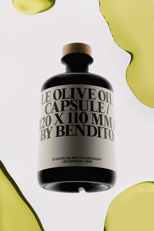 Sleek black olive oil bottle mockup with brass cap, surrounded by vibrant yellow-green organic shapes