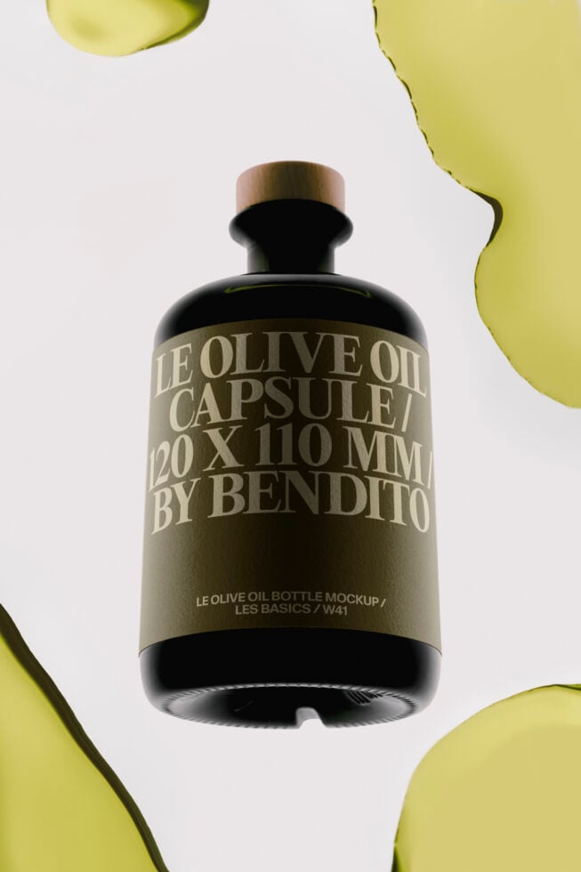 Sleek black olive oil bottle mockup with brass cap, surrounded by fresh lime green organic shapes