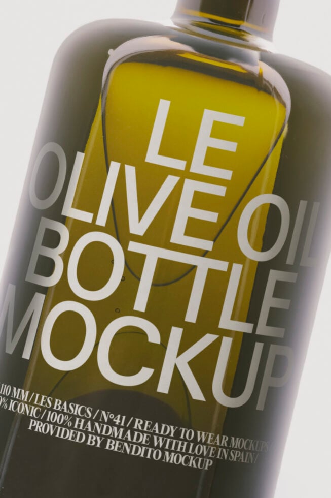 Olive oil bottle mockup with white sans serif typography on yellow label
