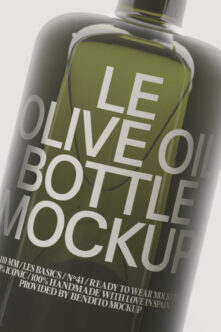 Olive green bottle mockup with white text overlay showing label design on cosmetic pouch container