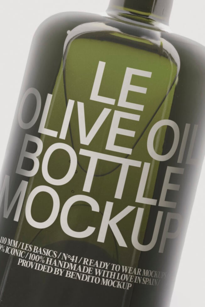 Olive green bottle mockup with white text overlay showing label design on cosmetic pouch container