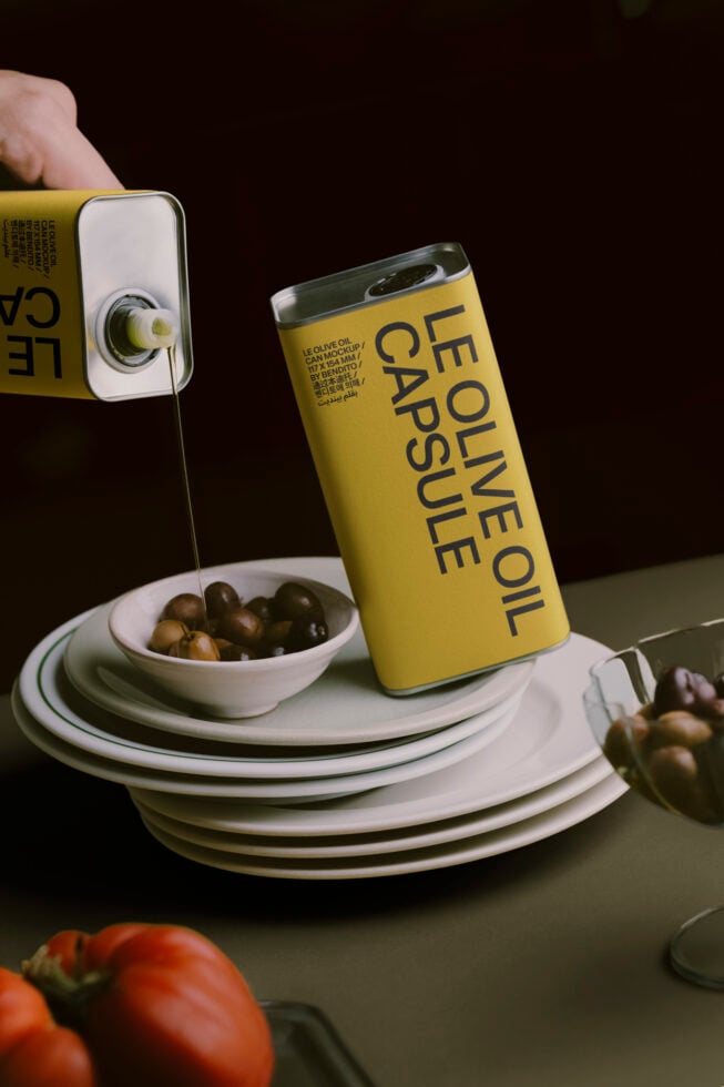 Olive oil can pouring into bowl with olives, stacked plates, dark moody setup