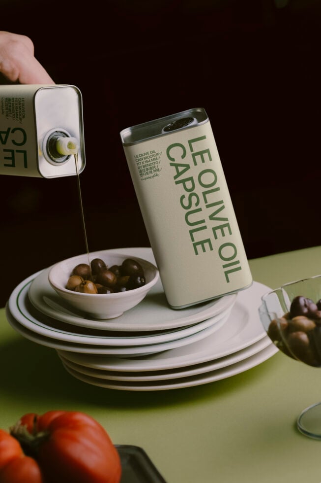 Olive oil bottle mockup with stacked white plates, olives in bowl, pouring shot on dark backdrop