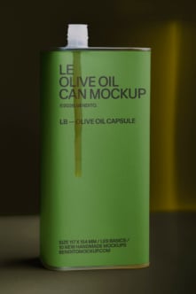 Bright green olive oil pouch with white cap, dark text layout, moody background lighting