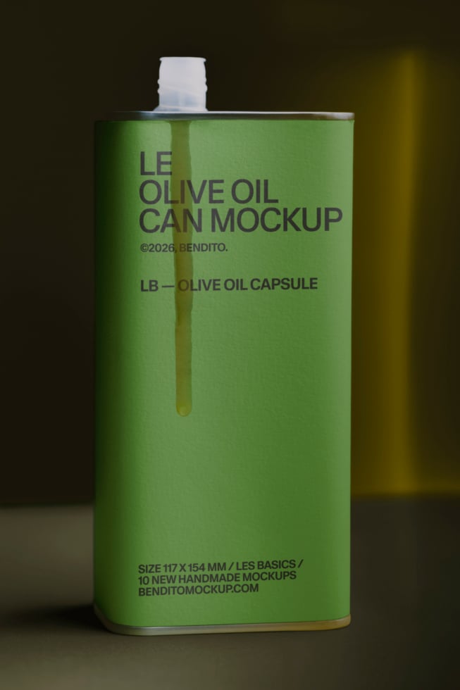 Bright green olive oil pouch with white cap, dark text layout, moody background lighting