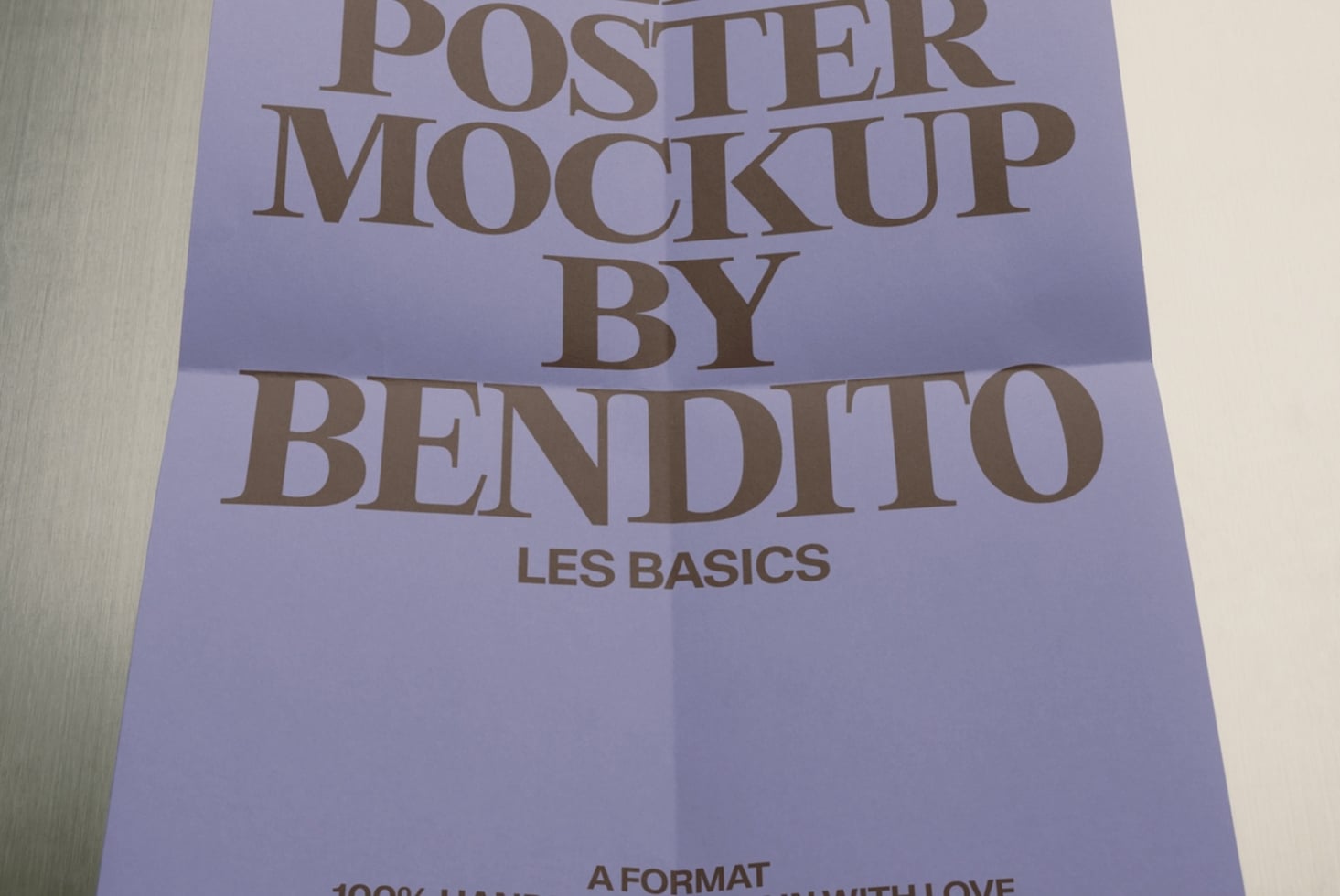 Lavender poster mockup with serif typography showing "Poster Mockup by Bendito Les Basics" text layout