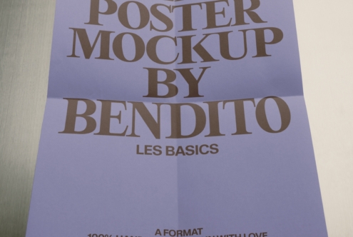 Lavender poster mockup with serif typography showing "Poster Mockup by Bendito Les Basics" text layout