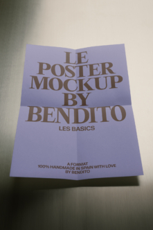 Folded lavender poster mockup with serif typography showing Bendito branding in bronze text