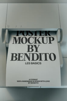 Rolled poster mockup in white tube with gray end caps, showing bold serif typography layout on cream paper