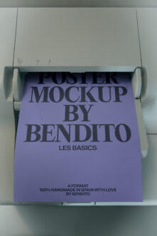 Rolled poster mockup with lavender cover showing serif typography for Bendito brand