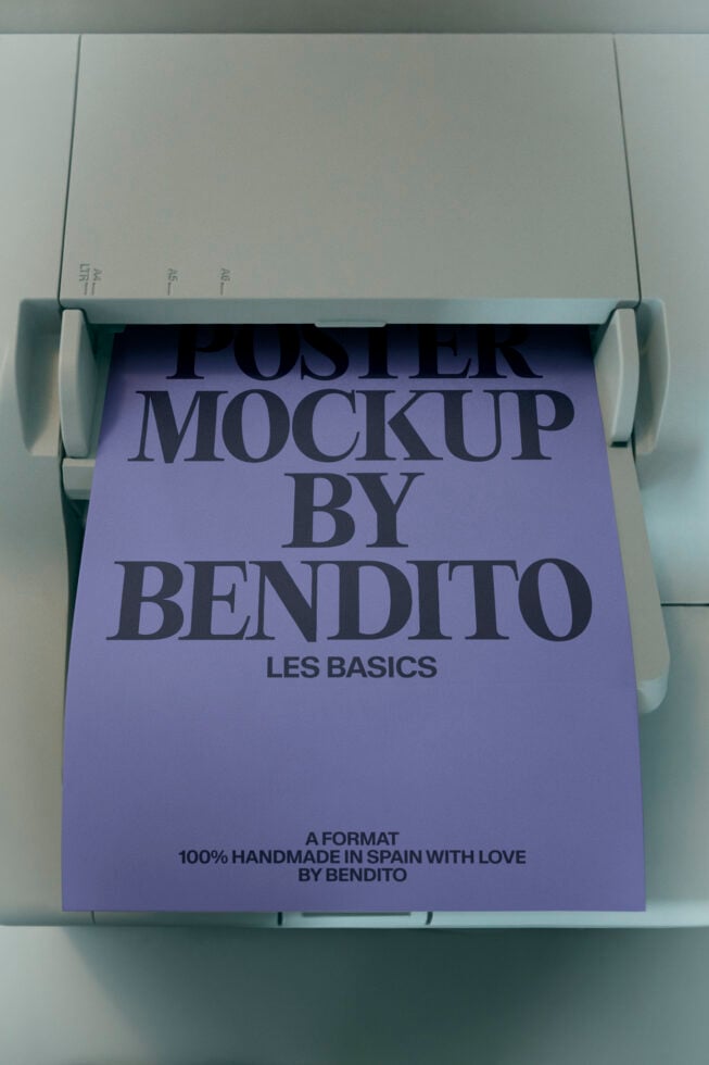 Rolled poster mockup with lavender cover showing serif typography for Bendito brand