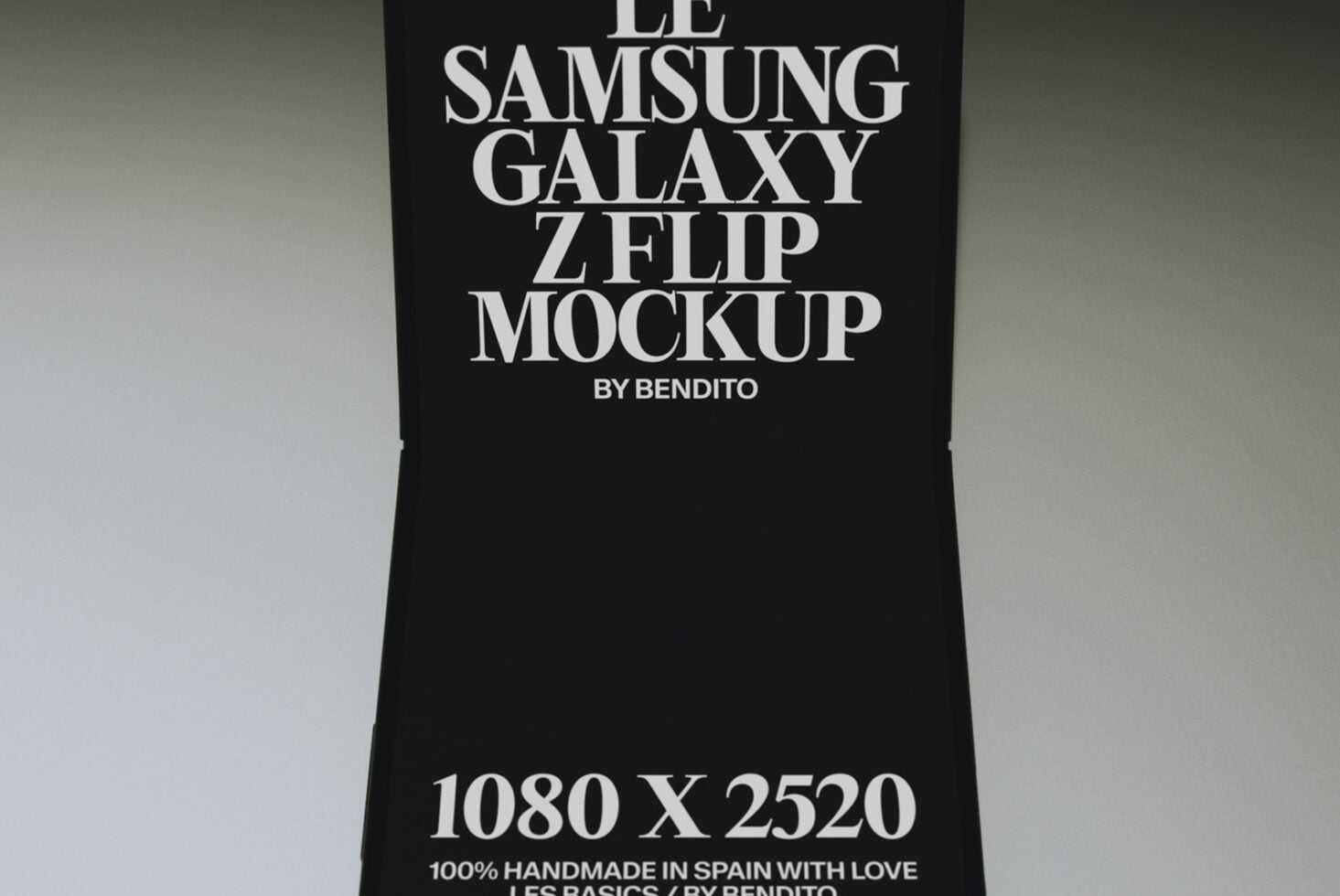 Samsung Galaxy Z Flip folded device mockup with serif typography on black background by Bendito