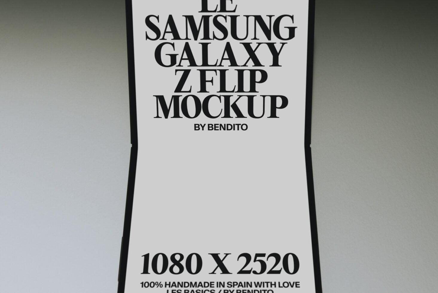 Samsung Galaxy Z Flip folded phone mockup showing open display with serif typography layout