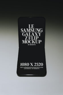 Samsung Galaxy Z Flip mockup on black phone with white serif typography centered
