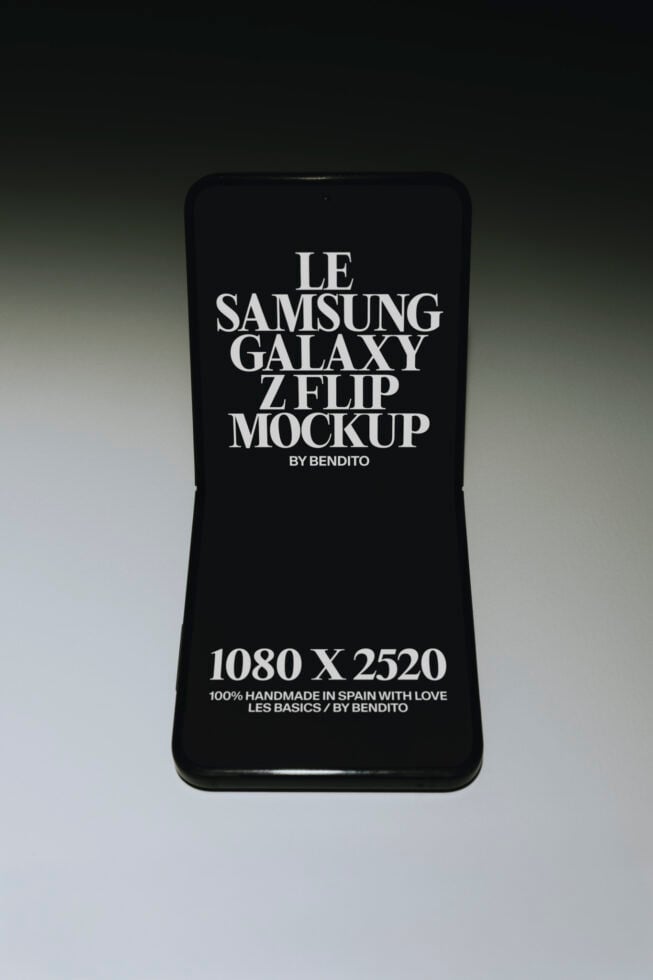 Samsung Galaxy Z Flip mockup on black phone with white serif typography centered