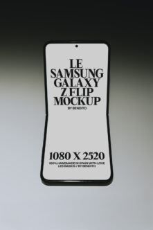 Samsung Galaxy Z Flip phone mockup with black frame, white screen displaying text, on gradient background