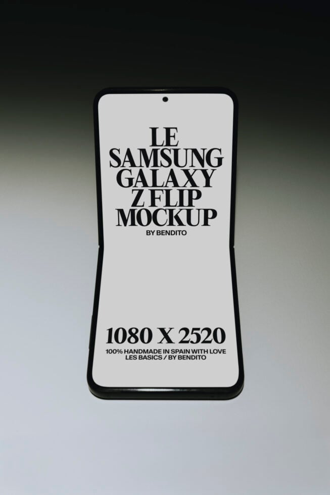 Samsung Galaxy Z Flip phone mockup with black frame, white screen displaying text, on gradient background