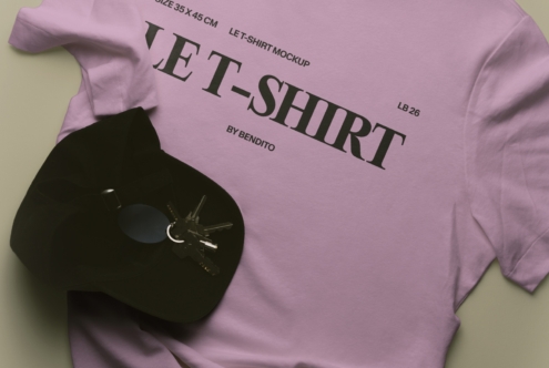 Lavender tee mockup with black vinyl record, showing front print placement with specs