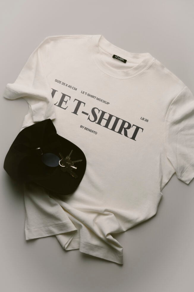 White tee mockup with black hat, watch, label tag showing specs by Bendito