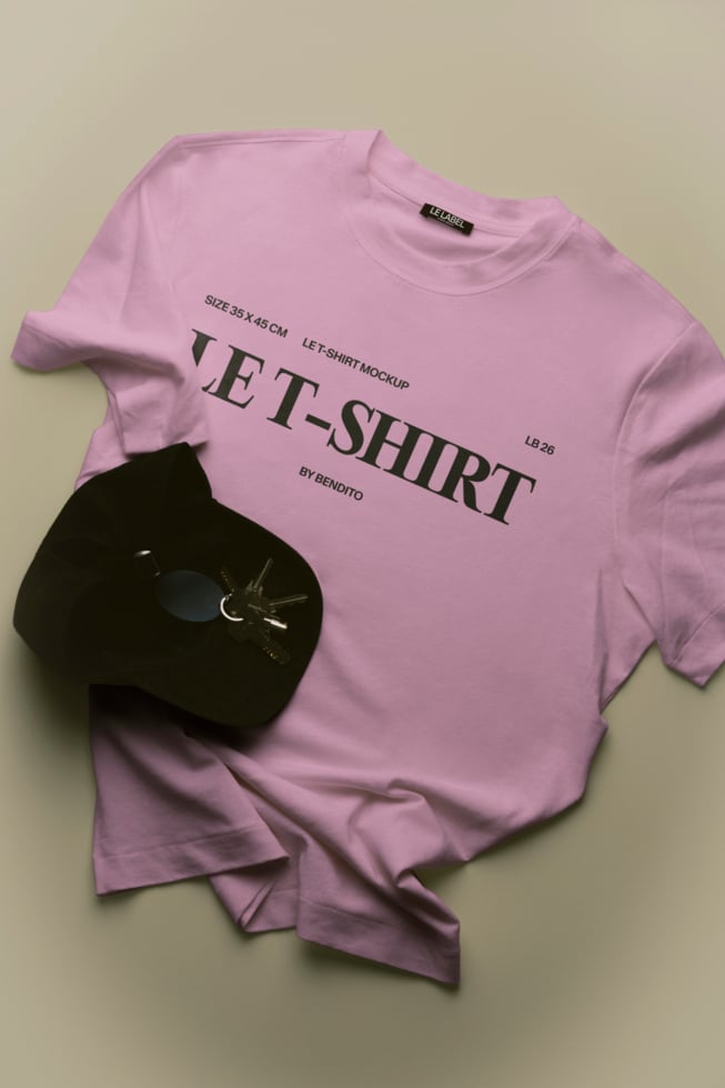 Lavender tee mockup with black cap styled flat lay on neutral background