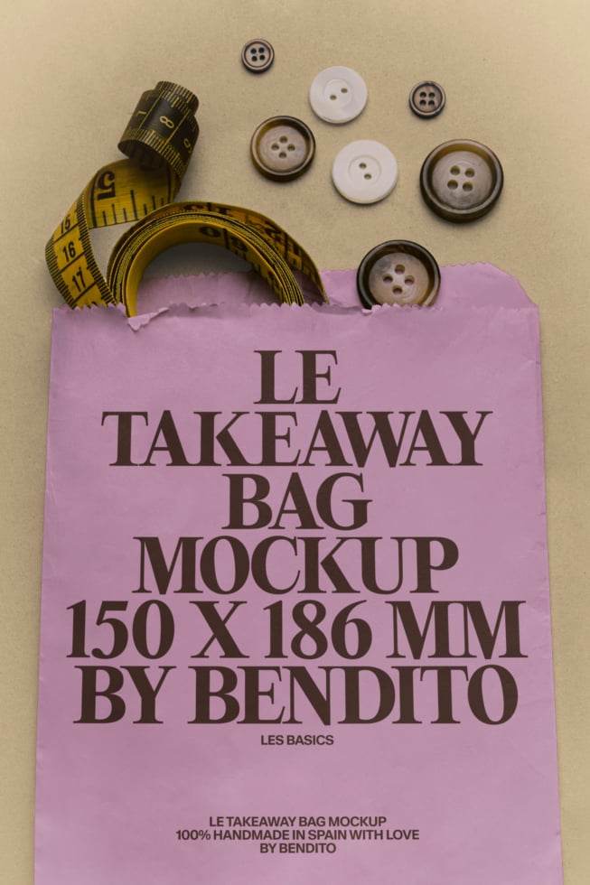 Lavender paper bag mockup with measuring tape, buttons scattered on neutral background
