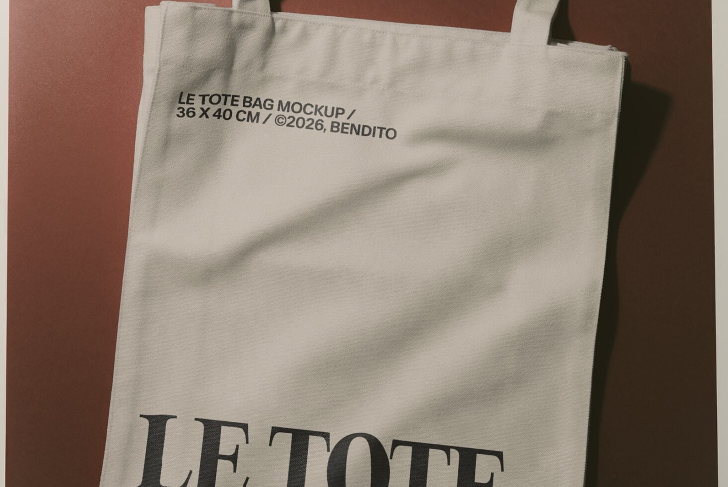 Cream canvas tote bag mockup with black serif typography on terracotta background