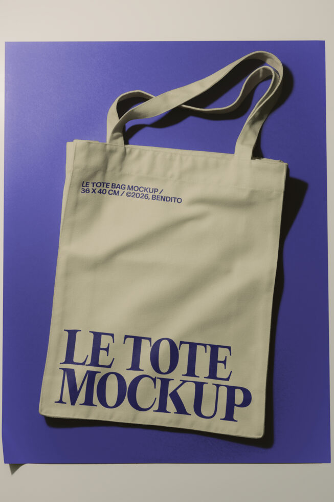 Cream canvas tote bag mockup with navy text on purple background, 36x40cm