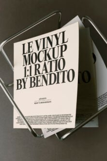 Vinyl record sleeve mockup in 1:1 ratio by Bendito with cream cover inside clear case