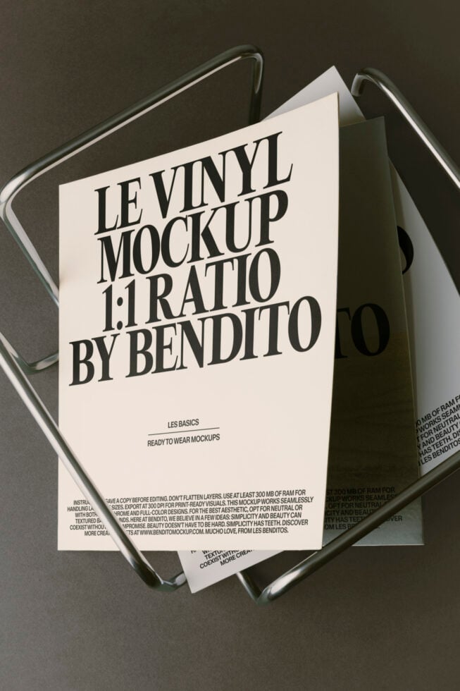 Vinyl record sleeve mockup in 1:1 ratio by Bendito with cream cover inside clear case