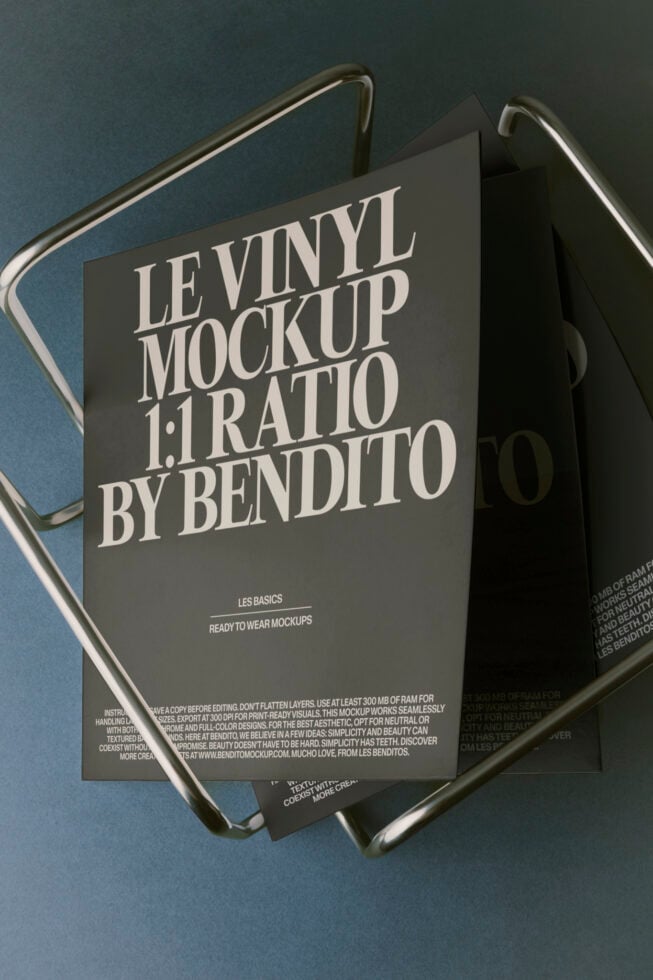 Vinyl record sleeve mockup in 1:1 ratio lying flat with chrome handles on blue background