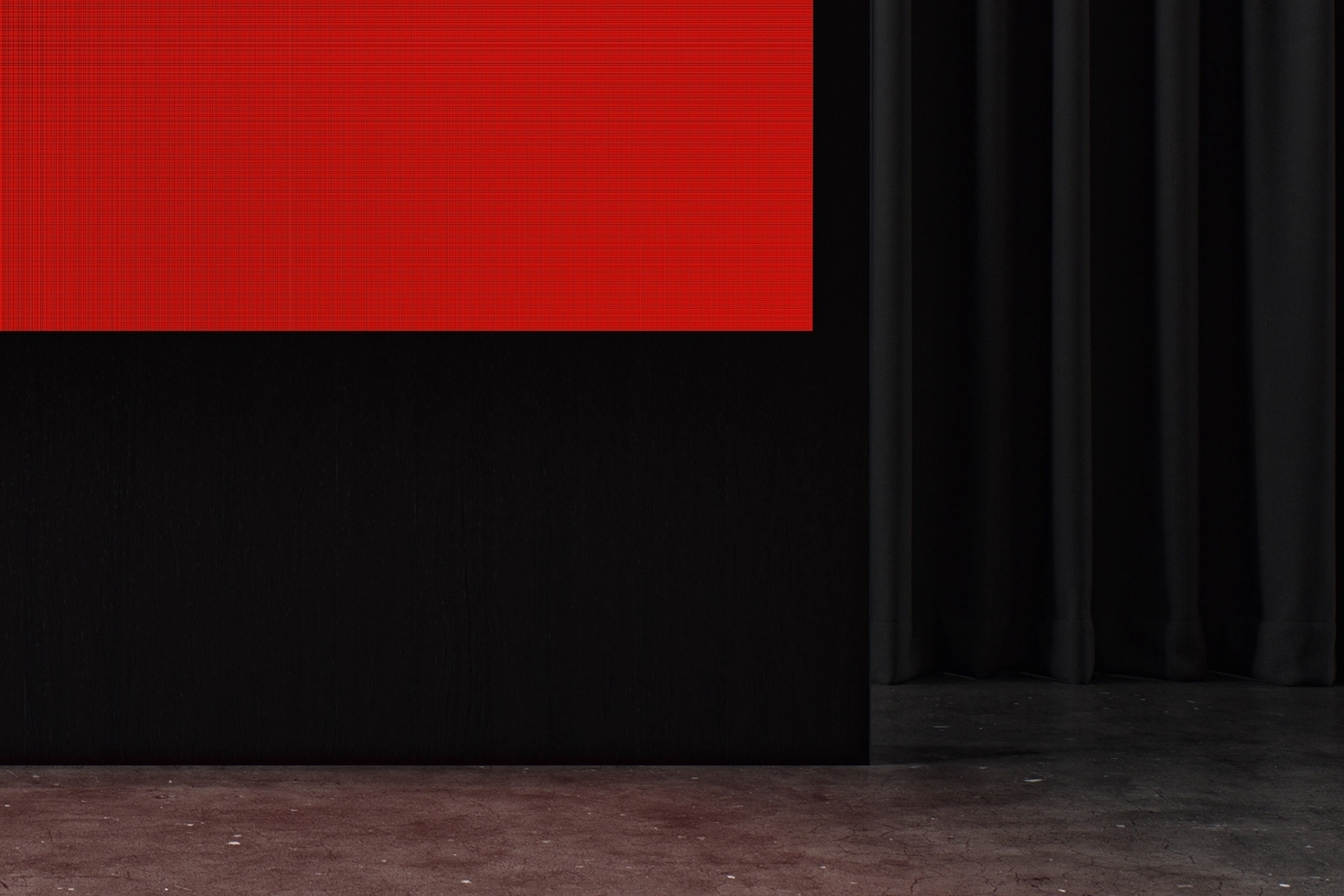 Minimalist architectural mockup with bold red panel over black wall with concrete floor