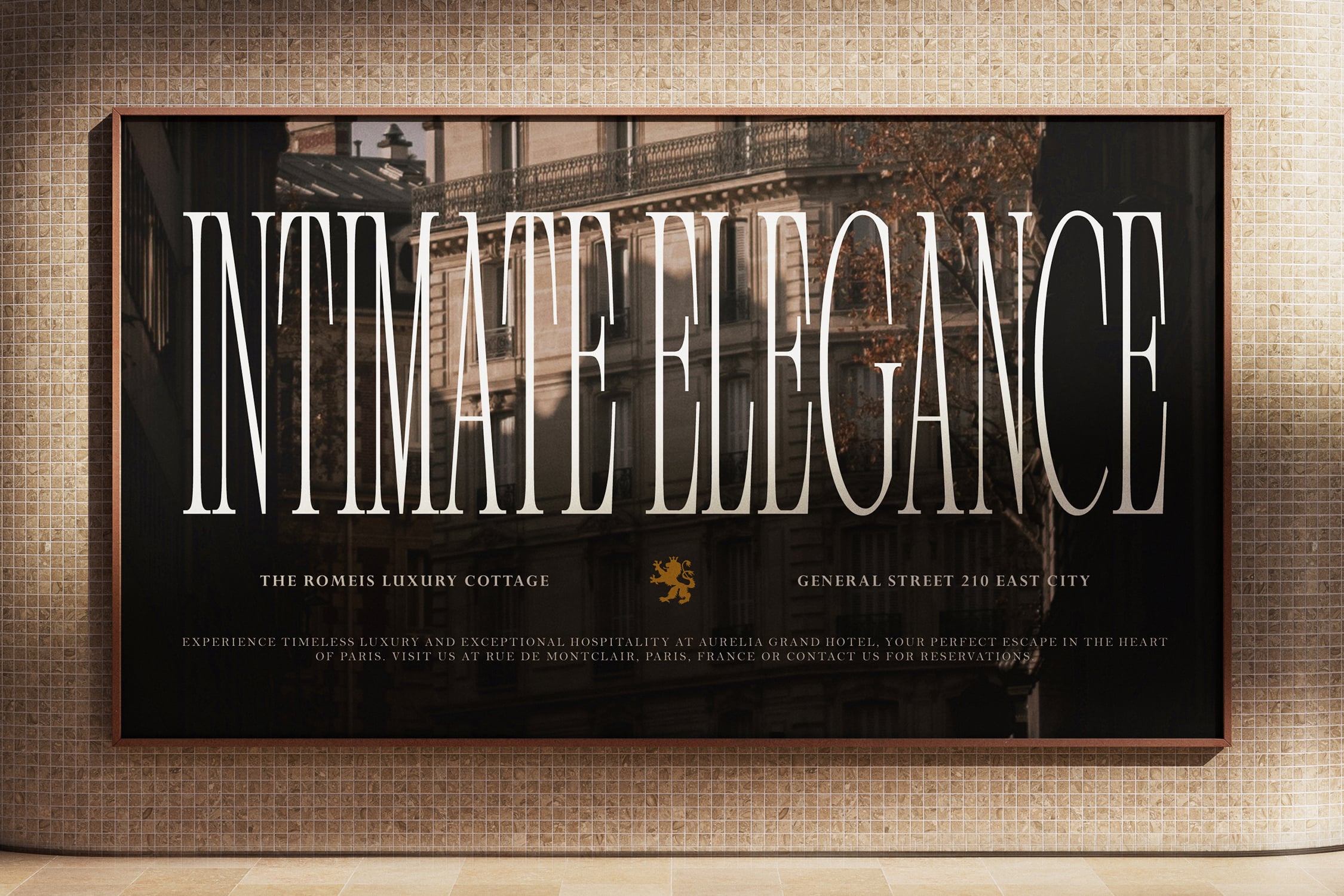 Luxury hotel poster mockup with elegant serif typography on framed glass display against tile wall