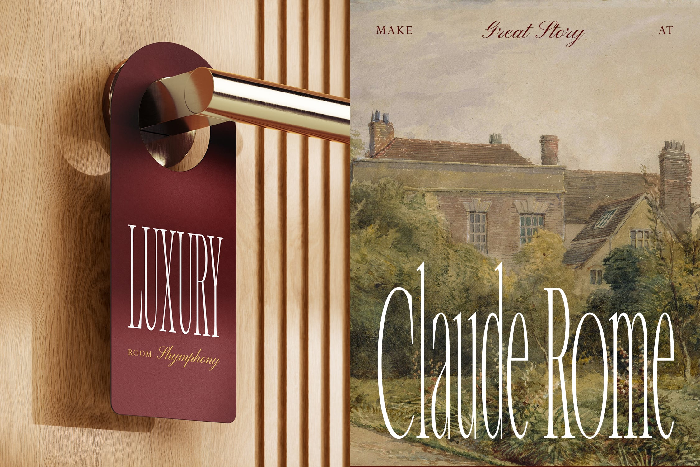 Burgundy door hanger mockup with brass rod, paired with vintage countryside manor book cover design