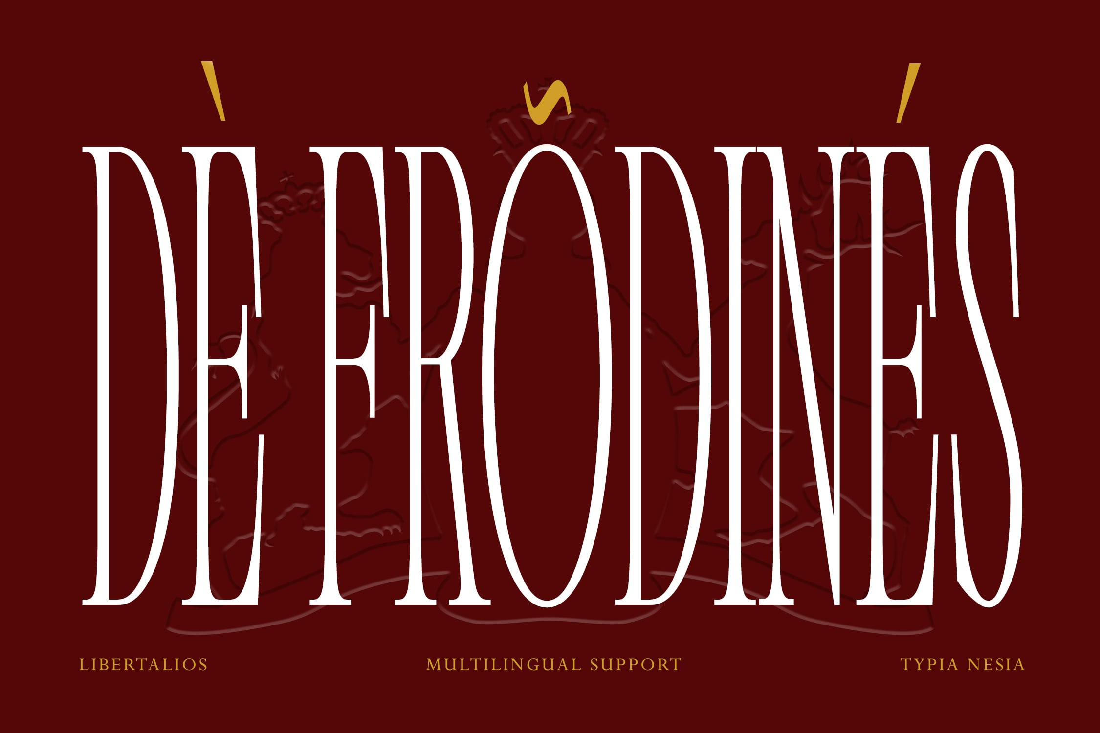 Defronda serif font in white on burgundy with gold accents, multilingual support