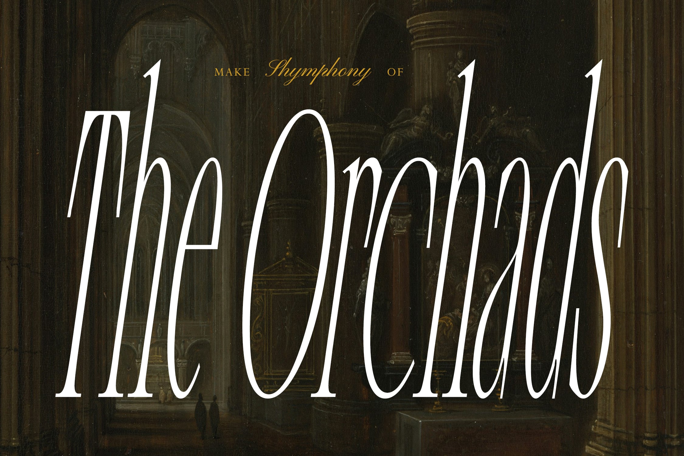 Elegant serif typography overlaid on moody cathedral interior with gold accents