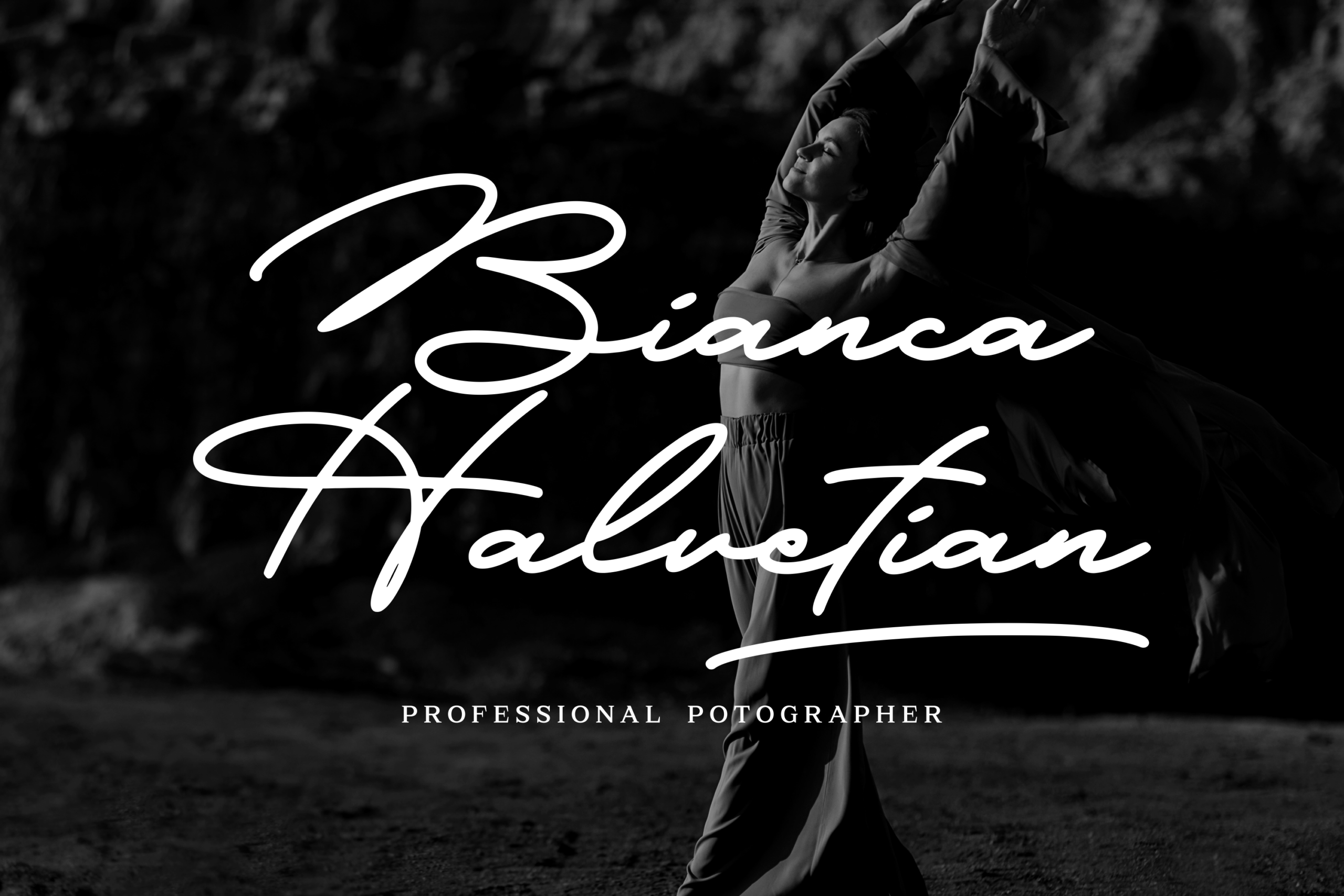 Black and white photo of woman reaching upward with elegant script overlay reading Bianca Paletjian Professional Photographer