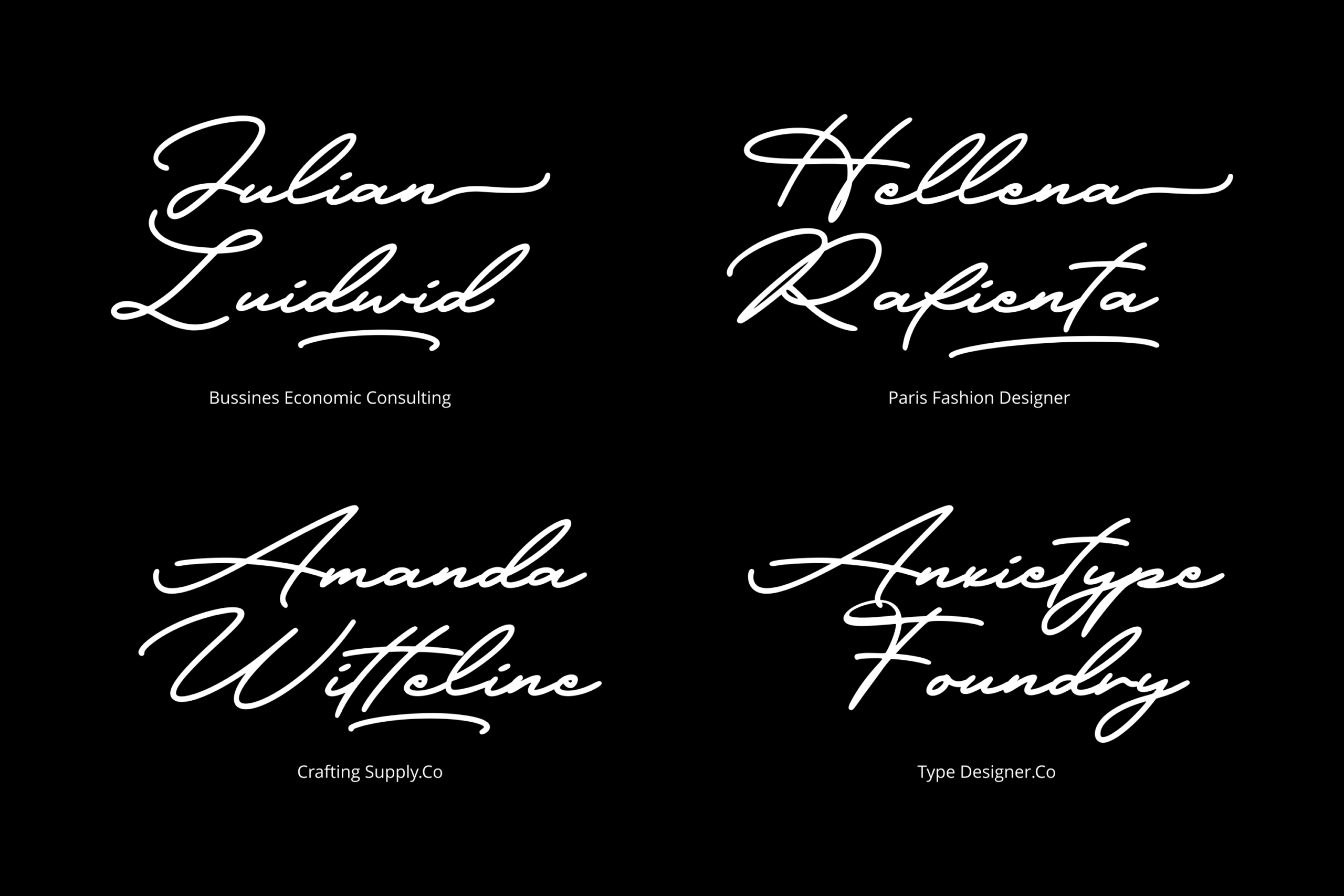Four flowing signature fonts in white script on black background with company names below each